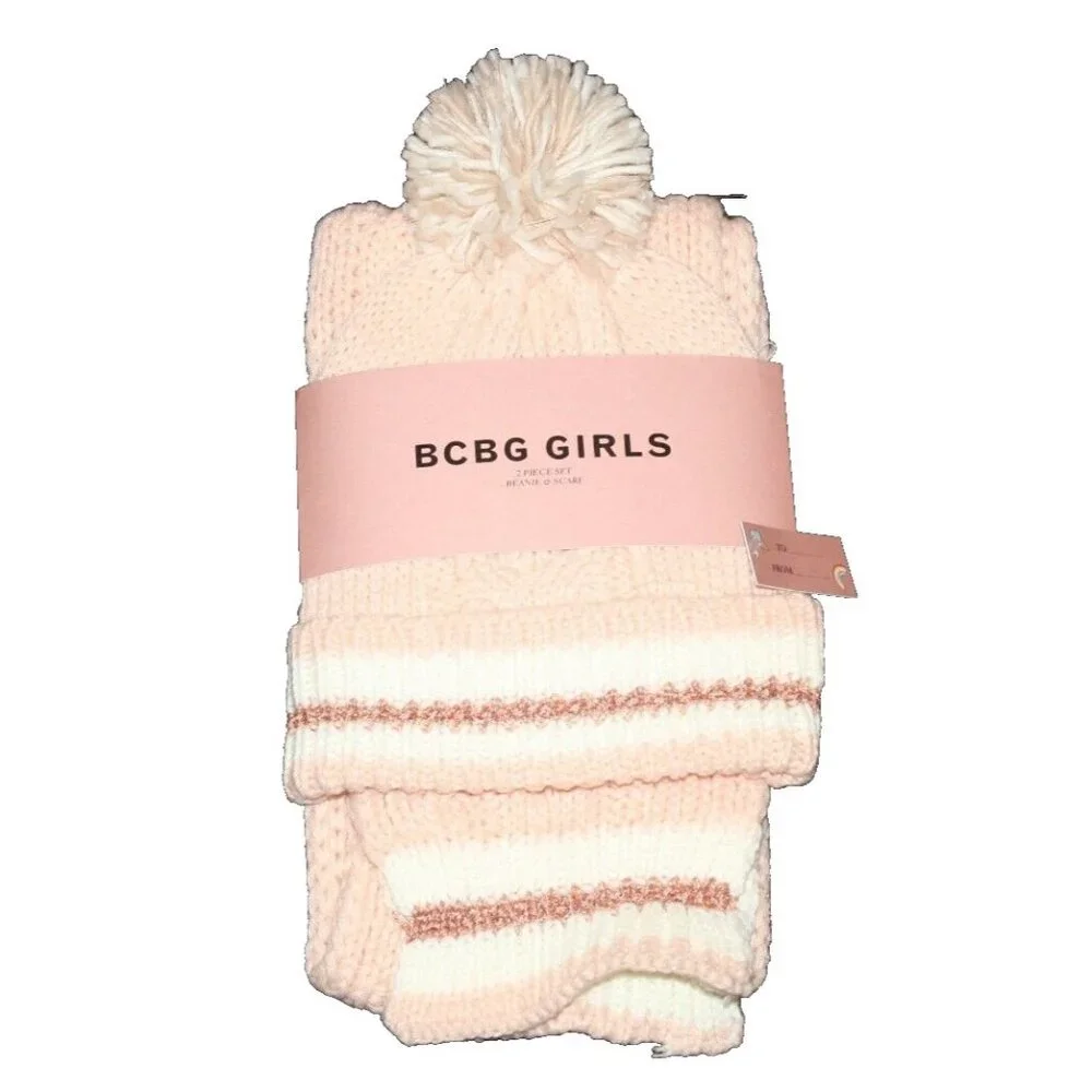 BCBG Girls Scarf & Beanie Hat Set Pink White Copper Metallic Sparkle NEW NWT